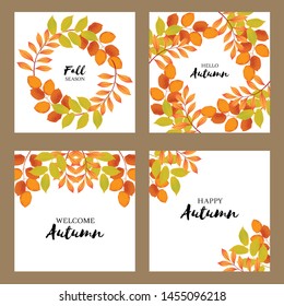 Autumn greeting card set with fall golden leaf decoration