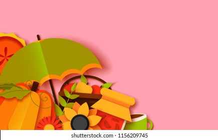 autumn greeting card template. Fall illustration with paper cut flowers, leaves, pumpkin, pie, umbrella. jam, cup, fruits banner in trendy craft style.