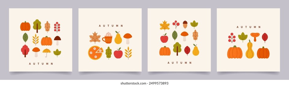 Autumn greeting card template. Minimalist backgrounds with fall leaves, trees, pumpkins, mushrooms, berries. Modern vector flat design  for ads, poster, banner, web, cover, flyer, social media.