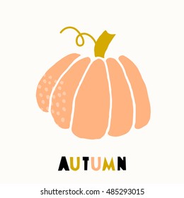 Autumn greeting card template with a pumpkin, decorated with hand drawn textures. Cutout style letters in black, green and orange.