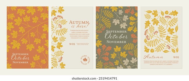 Autumn greeting card template set. Holiday background with fall leaves. Flyer design with maple, oak and rowan branches. Modern Thanksgiving poster with hand drawn illustration.