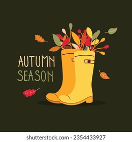 Autumn greeting card template. Welcome fall season invitation. Minimalist postcard with yellow rubber boots and fall leaves. Vector illustration flat design.