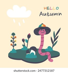 Autumn greeting card with text. Cute pink earthworm in rain hat on lawn with fall flowers, mushrooms. Clipart. Hand drawn cartoon character in color Wide brimmed hat hides from rain. Vector