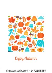 Autumn greeting card. Vector. Creative postcard with autumn elements in square shape. Template in flat design on white background. Fall leaves decoration poster. Cartoon illustration