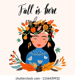 Autumn greeting card/invitation with girl wearing a seasonal wreath 