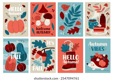 Autumn greeting cards design templates isolated set with forest mushrooms, oak acorns bunch, pumpkins, leaves foliage, cute hedgehog, cozy home still life seasonal nature vector illustration