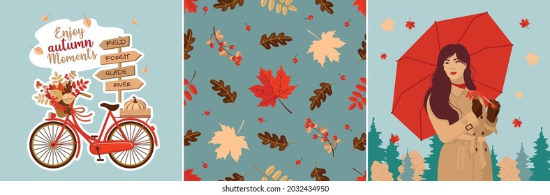 Autumn greeting cards set: a girl holding a red umbrella, a forest, a seamless leaf pattern, a pumpkin, a bicycle, a road sign. Vector clipart, isolated.