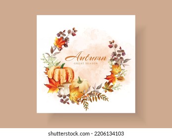 autumn greetings card with mushroom and pumpkins and leaves