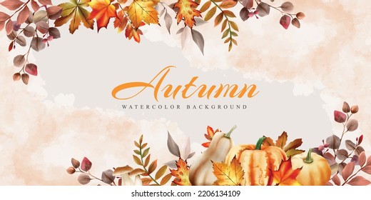 autumn greetings card with mushroom and pumpkins and leaves