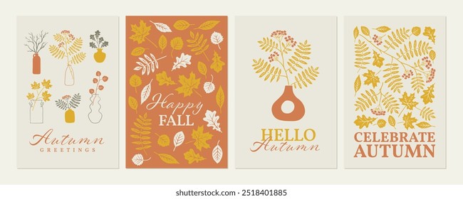 Autumn greetings card set. Modern holiday background with table decor, vases, fall leaves and branches. Decorative posters with hand drawn illustration.