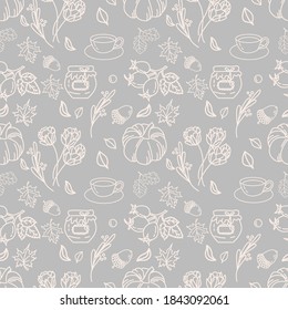 Autumn grey seamless pattern. Gray background. Rubber boots, cloud, leaves, rain, rosehip, envelope, acorn, mushrooms, scarf.Great for wallpaper, gift paper, fabric, wrapping paper, surface design.