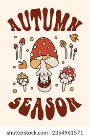 Autumn groovy poster with funny retro mushroom mascot. A4 format card for fall season. Groovy autumn poster print template. Vintage cartoon style illustrations. Vector