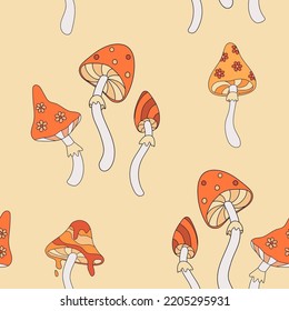 Autumn groovy seamless pattern with mushrooms. Amanita ornament, Fall vibes. Retro 70s vector illustration. Fabric, textile design 