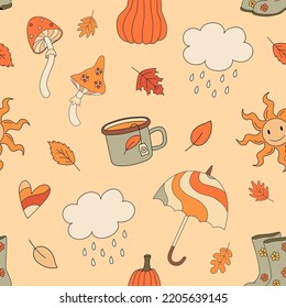 Autumn groovy seamless pattern with mushrooms, pumpkin, umbrella, rain. Fall vibes. Retro 70s vector illustration. Fabric, textile design  
