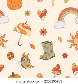Otoño groovy sin fisuras con arcoiris, setas, paraguas. Cae vibraciones. Ilustración vectorial retro 70. Estilo hippie. Tela, diseño textil  