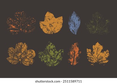 Autumn grunge leaves. Collection of leaves imprints in autumn colors. Hand painted design.