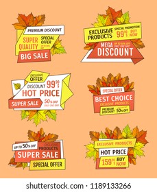 Autumn half price advertising emblems, foliage and leaves vector set. Sale super quality special offers labels, up to 50 percent discount promo tags.