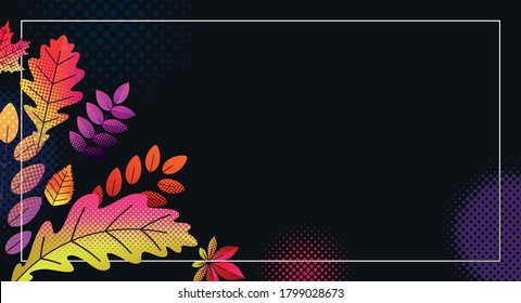 Autumn halftone dotted leaves on dark background. Pink, orange, yellow, lilac, violet. Vector illustration.
