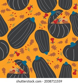 Autumn, halloin. Seamless pattern of abstract black pumpkins and autumn leaves. Vector illustration 