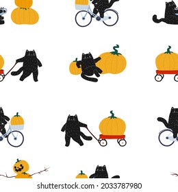 Autumn Halloween black hand drawn cat seamless pattern. The cat rides a bicycle, rolls a red cart, drinks coffee and makes a pumpkin snowman. Samhain and the harvest festival. Cute flat cartoon animal