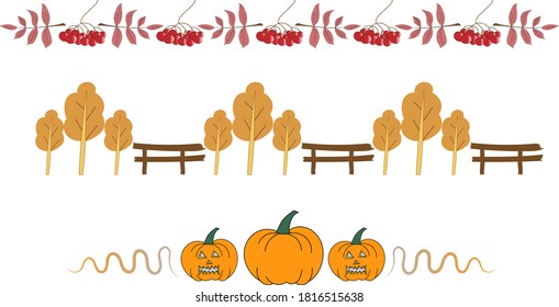 Autumn halloween border bars with pumpkins and berries