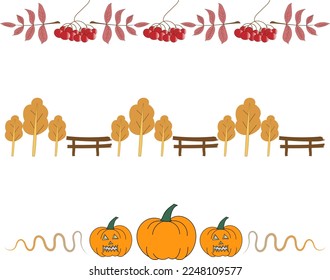 Autumn halloween border bars set drawing in country style with pumpkins, trees, leaves and berries