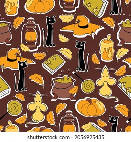 Autumn halloween cats and lanterns seamless pattern.