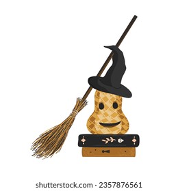 Autumn Halloween composition with a pumpkin, witch hat, books, and a broomstick. Vector isolated illustration.