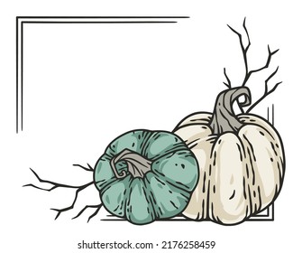 Autumn halloween corner decor with pumpkin and leaves. Happy halloween composition for poster design. Festive invitation and postcard
