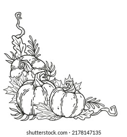 Autumn halloween corner decor with pumpkin and leaves. Happy halloween composition for poster design. Festive invitation and postcard
