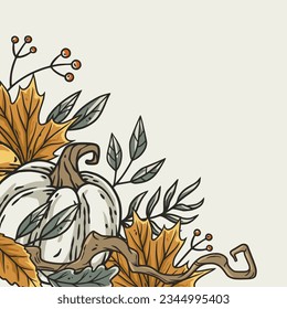 Autumn halloween corner decor with pumpkin and leaves. Happy halloween composition for poster design. Festive invitation and postcard