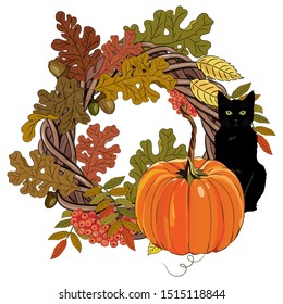 Autumn Halloween design. Autumn wreath of leaves and branches of oak and rowan, rowan berries, pumpkin and black cat with green eyes, isolated on white, vector illustration