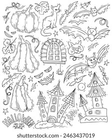 Autumn Halloween hand drawn graphics set pumpkins bats castle spider coloring antistress on a white background engraving individual elements cat
