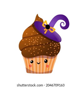 Autumn Halloween kawaii vector design with a cute cupcake. Illustration for kids, celebration, web, print, etc. 