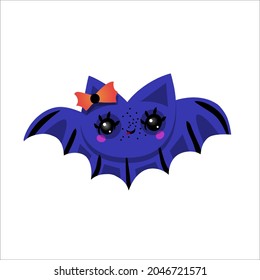 Autumn Halloween kawaii vector design with a cute bat with bow. Illustration for kids, celebration, web, print, etc. 