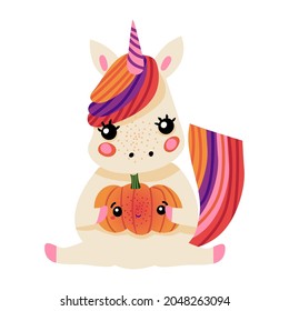 Autumn Halloween kawaii vector design with cute unicorn. Illustration for kids, celebration, web, print, etc. 