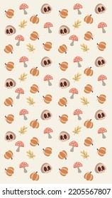 Autumn Halloween pattern with pumpkin, foliage, skull and mushroom. Vector illustration.