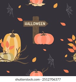 Autumn Halloween pattern with pumpkins and leaves on dark background, seamless print