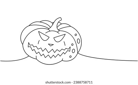 Autumn halloween pumpkin face, vegetable one line continuous drawing. Halloween pumpkin with scary face continuous one line illustration.