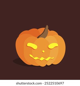 Autumn Halloween pumpkin in orange with a tail and light-up cut-out eyes, nose and mouth in yellow. Isolated vector picture on a brown background, vektor.