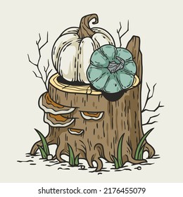Autumn halloween pumpkin and stump. October composition for postcard or poster