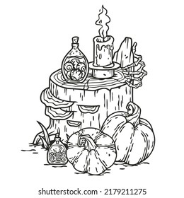 Autumn halloween pumpkin and stump. October composition for postcard or poster