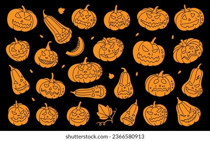Autumn halloween pumpkins faces. Pumpkins scary faces set. Autumn halloween vegetables. Vector illustration.