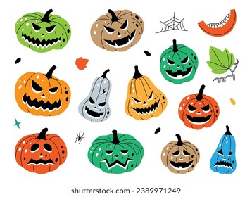 Autumn halloween pumpkins faces. Pumpkins. Autumn pumpkins scary faces. Halloween vegetables. Vector illustration.