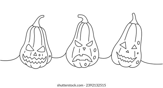 Autumn halloween pumpkins faces. Pumpkins scary faces set one line continuous drawing. Autumn halloween vegetables continuous one line illustration.