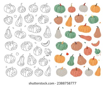 Autumn halloween pumpkins. Pumpkins vertical banner. Autumn halloween vegetables. Vector illustration.