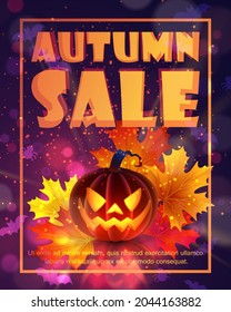 Autumn, Halloween sale poster, banner with luminous, luminescent orange pumpkin with with spooky scary smile, face, sparkles, bokeh  and maple leaves. Dark background. Vector illustration. 