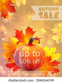 Autumn, Halloween sale poster, banner with luminous, luminescent orange pumpkin with with bokeh, maple leaves. Light yellow background. Vector illustration. 