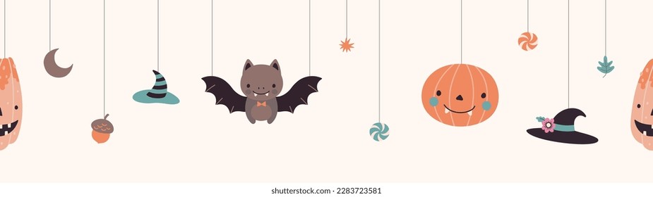 Autumn halloween seamless pattern with cute cartoon bat, pumpkin and witch hats. Decorative spooky design, vector creepy funny banner template