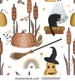 Autumn Halloween seamless pattern with pumpkin, black cat, ghost, witch hat, books, and a broomstick. Vector background.